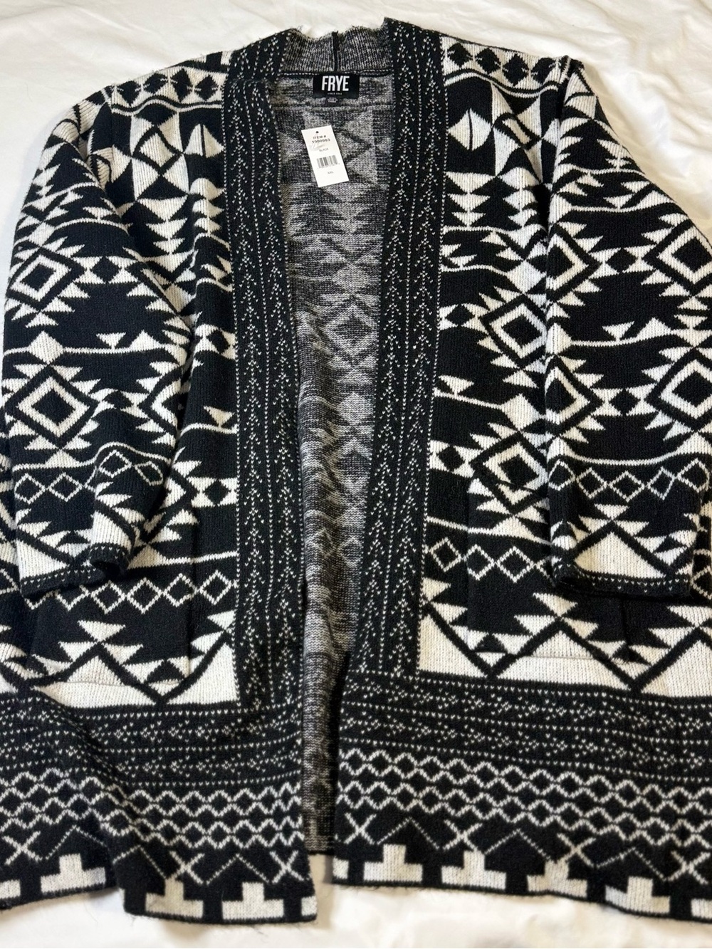 FRYE NWT Long Open Front Black/White Aztec Cardigan Sweater XXL